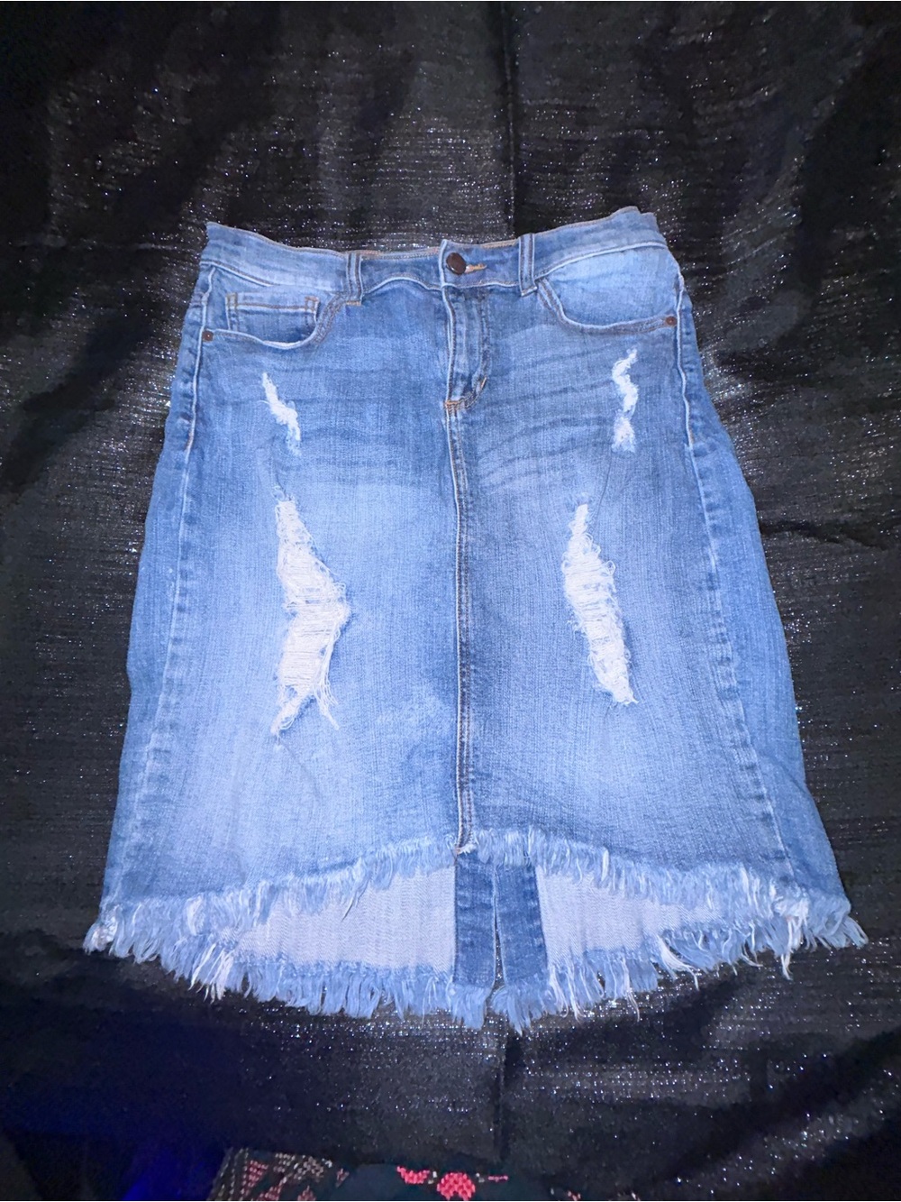SP Black (Nordstrom) Stretchy Distressed Denim Fringe Hem Skirt